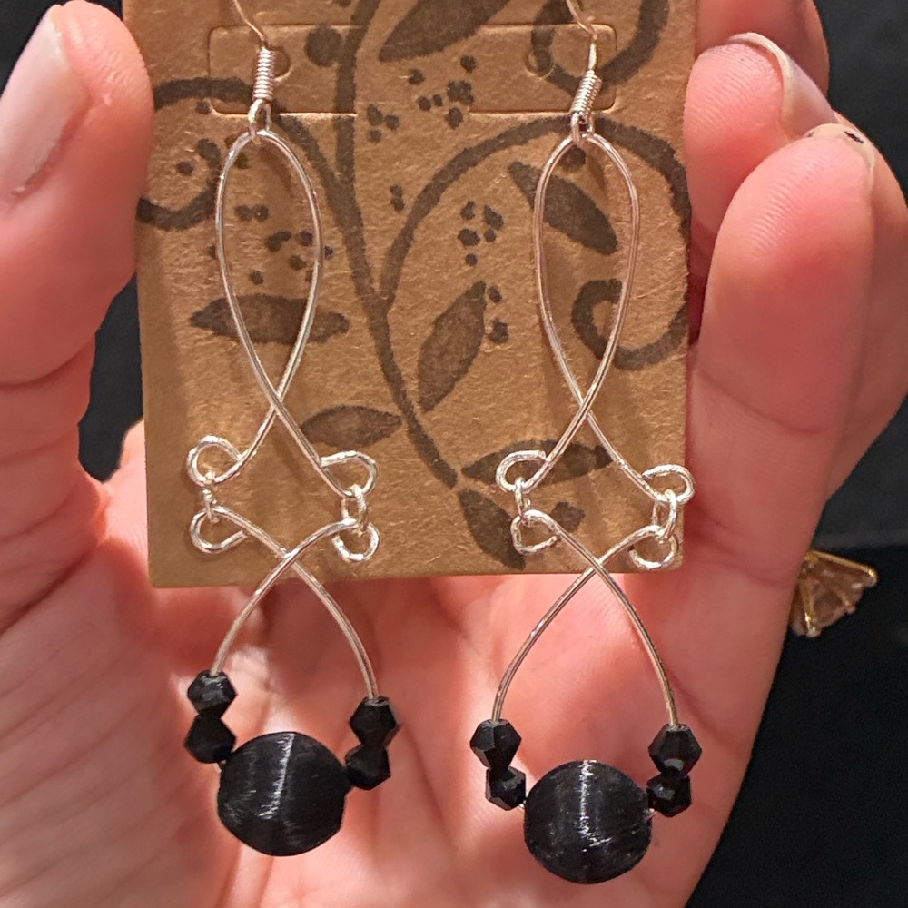 Hand Crafted Silver-Tone Drop Earrings with Black Beads